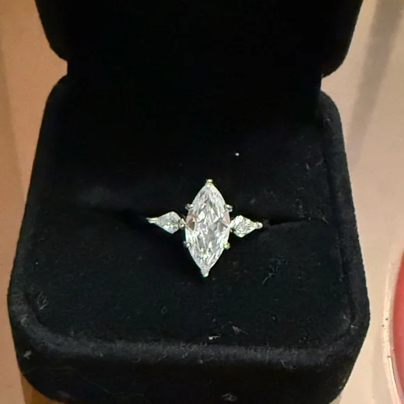 Silver 925 Marquise Center Stone Three-Stone Ring - Picture 3 of 8